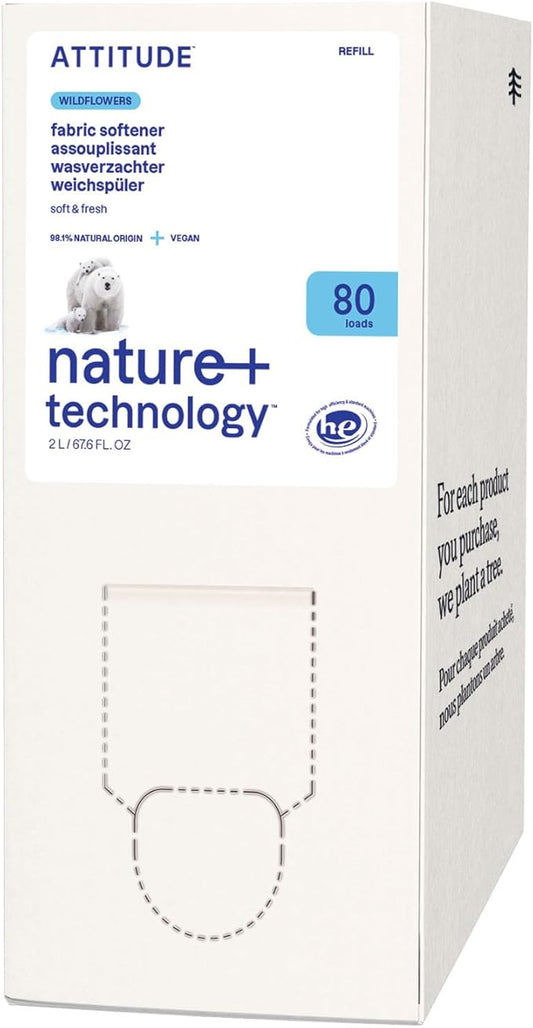 ATTITUDE Liquid Fabric Softener Refill, Plant-Based & Vegan, HE Compatible, Naturally Derived, Wildflowers Scent, 80 Loads, 67.6 Fl Oz