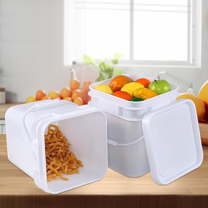 Gloreen 4-Pack 2.9 Gallon Square Plastic Bucket with Sealed Lid, Small Food Bucket Pail with Lid and Handle, White