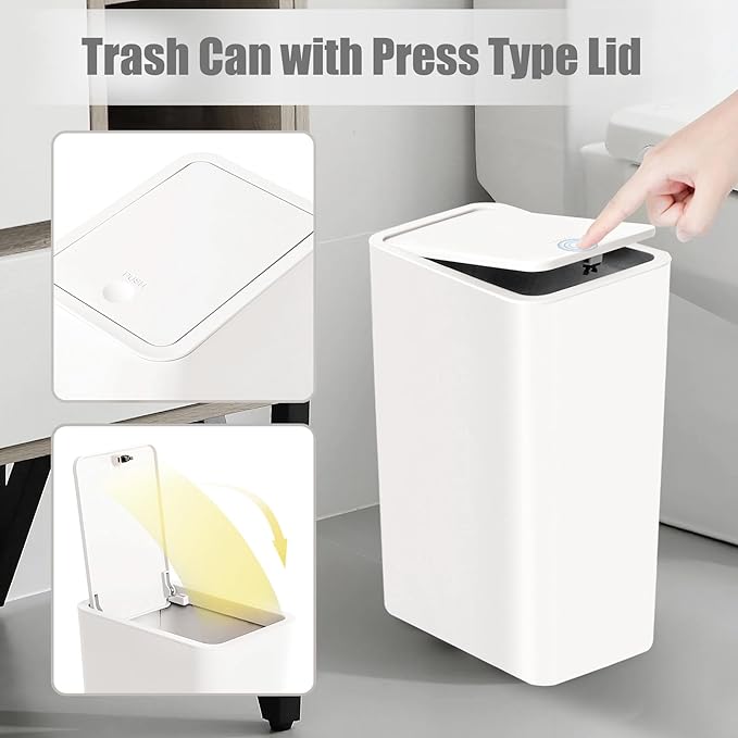 TIPGO Bathroom Trash Can with Lid, 10 Liter/ 2.6 Gallon Slim Garbage Can, Small Trash Bin Waste Basket with Pop-Up Lid for Kitchen, Bedroom, Living Room, Office (White)