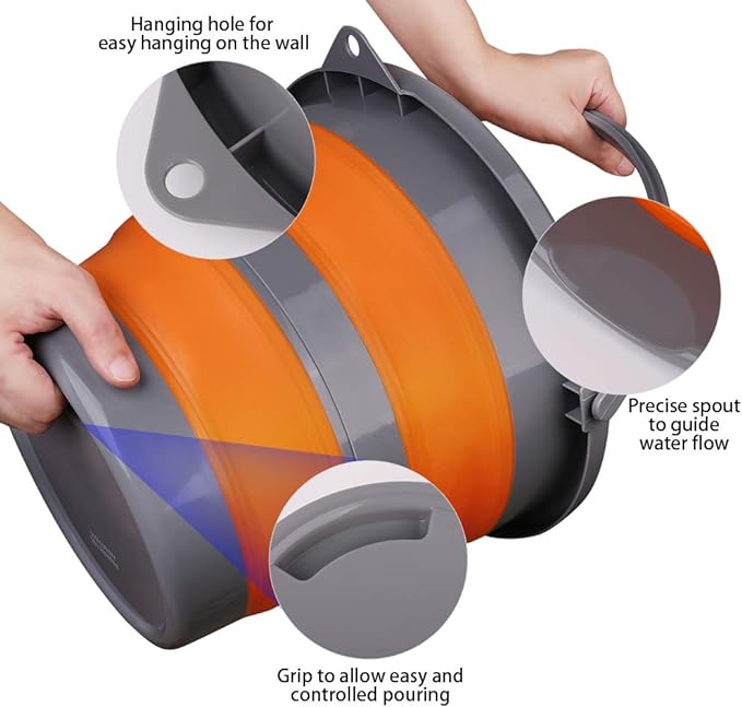 2 Pack Collapsible Plastic Bucket with 2.6 Gallon (10L) Each, Foldable Round Tub for House Cleaning, Space Saving Outdoor Waterpot for Garden or Camping, Portable Fishing Water Pail (Blue & Orange)