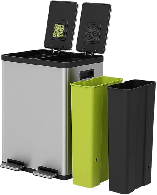 Simpli-Magic 16 Gallon (60L) Step Trash Can – Dual Compartment Kitchen Garbage Can with Waste & Recycling Bins – Slow-Close Lid, Odor Control, Hands-Free, Inner Bases, Premium Stainless Steel