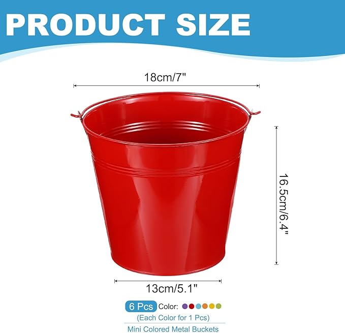 PATIKIL 7"x6.4" Small Metal Buckets with Handle, 6 Pcs Mini Galvanized Bucket Colorful Easter Buckets for Crafts Party Favors Decoration, Green/Yellow/Orange/Blue/Red/Purple