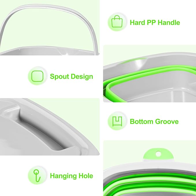 2 Pack 2.6 Gallon(10L) Collapsible Plastic Buckets with Handle Compact Cleaning Square Storage Bucket Portable Water Tub Outdoor Water Pail for Garden Hiking Fishing Camping (Green)