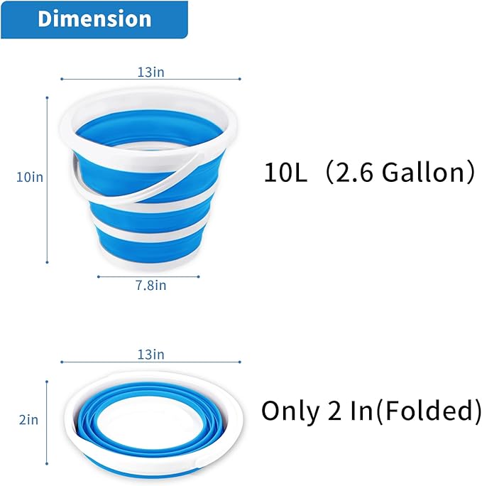 2 Pack Collapsible Buckets 10L 2.6 Gallon Cleaning Bucket Mop Bucket Folding Foldable Portable Small Plastic Water Supplies for Outdoor Garden Camping Fishing Car Wash Space Saving Grey and Blue