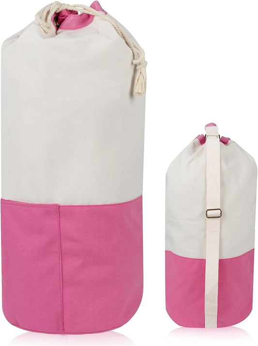 Single-shoulder backpack-style laundry bag with shoulder strap and pockets, made of durable canvas material, with drawstring closure design, suitable for college, travel, laundromats, and apartments.