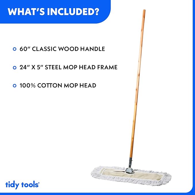 Commercial Dust Mop & Floor Sweeper, 24 in. Dust Mop for Hardwood Floors, Cotton Mop Head, Wooden Broom Handle, Industrial Dry Mop for Floor Cleaning & Janitorial Supplies