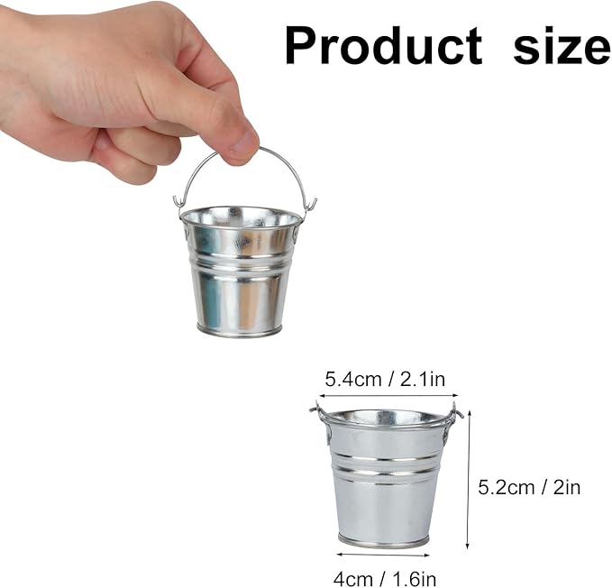 50 Pack 2.1 Inch Mini Metal Buckets with Handle, Galvanized Mini Tin Buckets, Small Iron Bucket, Mini Metal Pail for DIY Project, Holiday, Party, Home Decoration