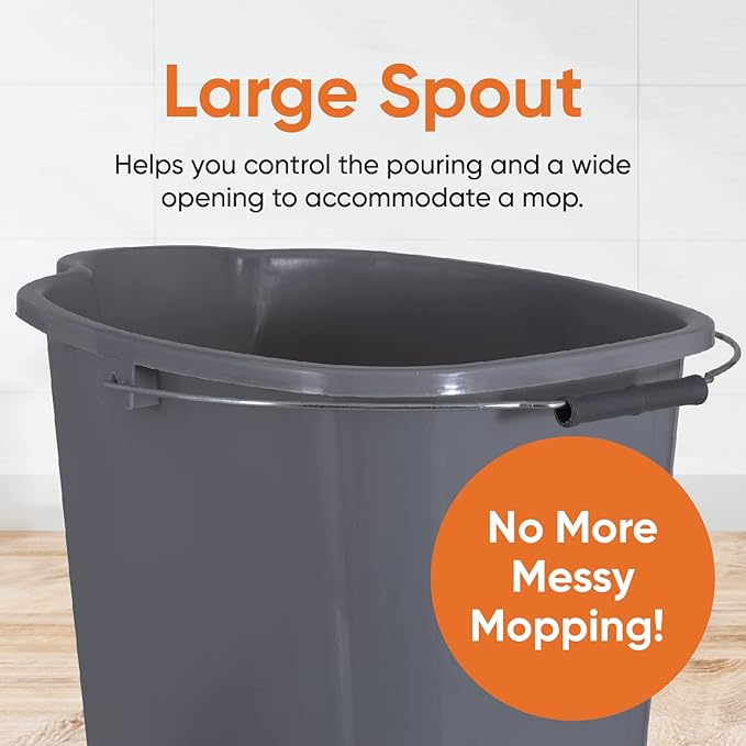Superio Plastic Bucket with Grip Handle, 16 Liter Large Spout Cleaning Pail Grey, Heavy Duty Bucket Home Floor Mopping, Bath, Car Wash, Bowls for Camping, Fishing