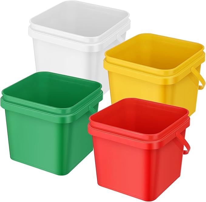 Mifoci 4 Pcs Plastic Bucket 5 Quart Square Cleaning Bucket Utility Small Pail with Handle for House Cleaning Storage Livestock Feeding Car Washing (Red,Yellow,White,Green)
