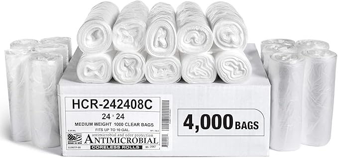 Aluf Plastics High Density Trash Bags, 10 Gallon, 4000 Count, 8 Micron (eq), 24" x 24", Clear, for Bathroom, Office, Industrial, Commercial, Janitorial, Municipal, Recycling