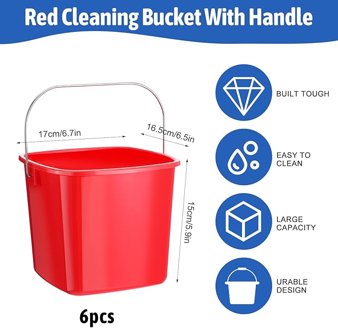 6 Pcs 3 Quart Cleaning Bucket Small Cleaning Square Bucket Detergent Pail, Plastic Utility Sanitizer Buckets for Home Commercial Restaurant Kitchen Office School (Red)