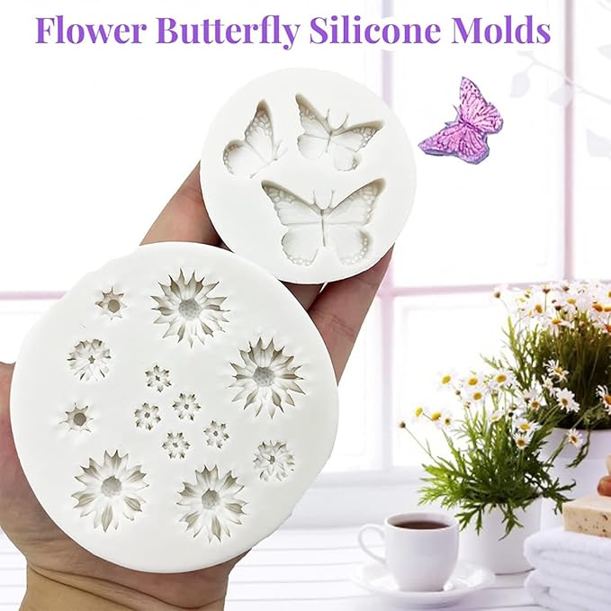 Flower Silicone Fondant Molds, 5pcs Butterfly Daisy Rose Chrysanthemum Flower Silicone Mould Candy Chocolate Molds for DIY Cake Cookie Pudding Gum Paste Cupcake Cake Topper Decoration Desserts Sugar