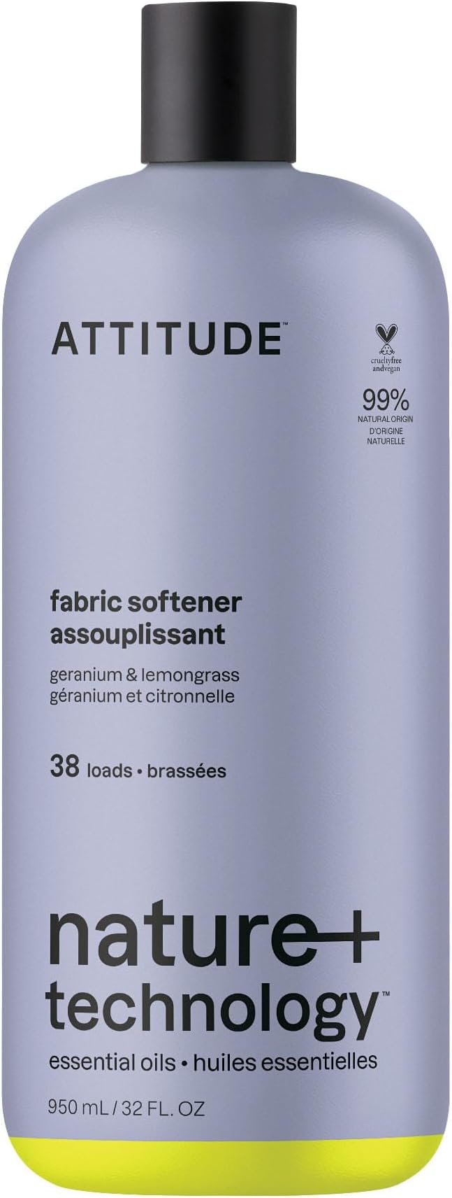 ATTITUDE Liquid Fabric Softener, Natural Origin Ingredients, For White and Colored Clothing, Deodorizes, Gentle on Delicate skin, Infused With Essential Oils, Geranium & Lemongrass, 38 Loads, 32 Fl Oz