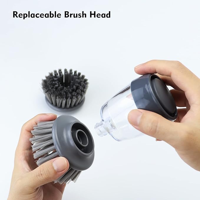 Dish Brush with Soap Dispenser, Kitchen Scrub Brush for Dishes Pots Pans Sink Cleaning, Dish Scrubber with Holder Set (Grey 2-Pack Combo Set)