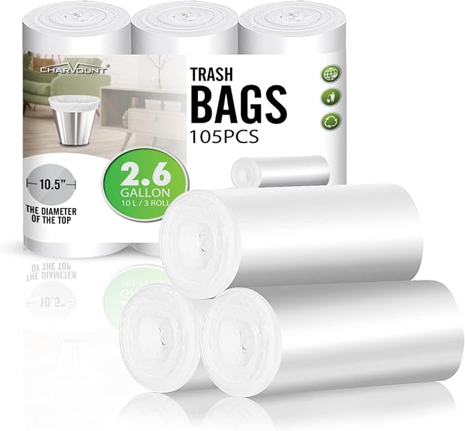 Charmount Small Trash Can Liners, Garbage Bags for Bathroom, Kitchen, Office, Bedroom, 2.6 Gallon, Unscented,105 Counts (White) …