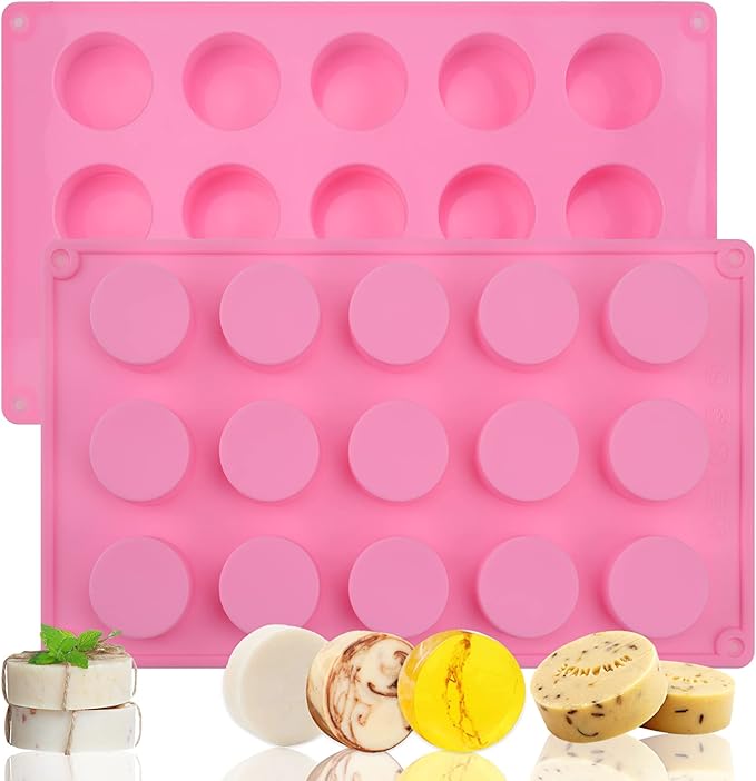 Sakolla 2 Pack Cylinder Silicone Soap Molds, 15 Cavity Mini Round Silicone Molds for Handmade Soap, Lotion Bars, Bath Bombs, Chocolate, Cake