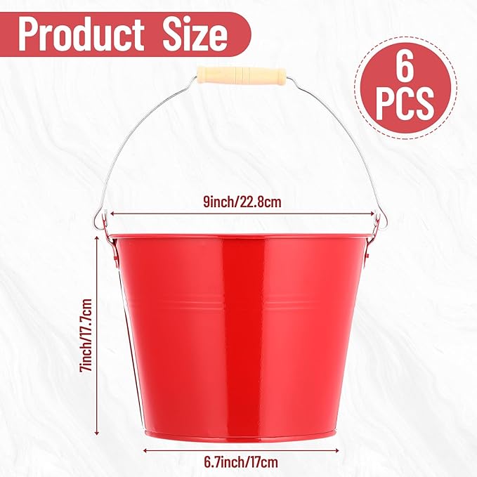 Zopeal 6 Pcs Large Metal Bucket Beer Bucket Galvanized Steel Pail with Handle for Gifts Basket Ice Candy Party(9 x 7 x 7 Inch,Red)