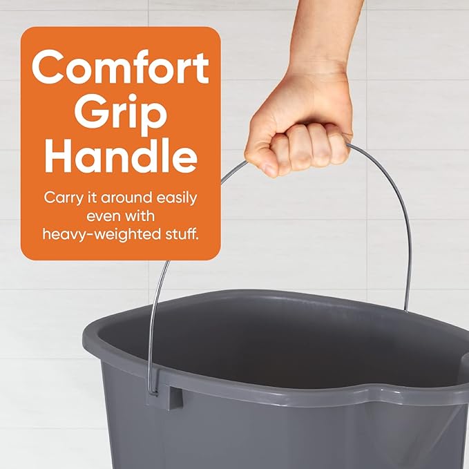 Superio Plastic Bucket with Grip Handle, 16 Liter Large Spout Cleaning Pail Grey, Heavy Duty Bucket Home Floor Mopping, Bath, Car Wash, Bowls for Camping, Fishing