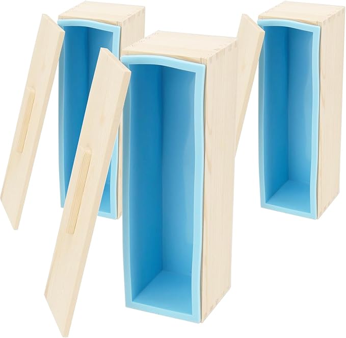 3 Set 42 oz Silicone Soap Molds, Rectangular Bar Loaf Soap Making Mold Kit with Wood Boxes and Lids, Flexible Soap Molds for Soap Making Supplies, DIY Homemade Soap, Craft, Blue