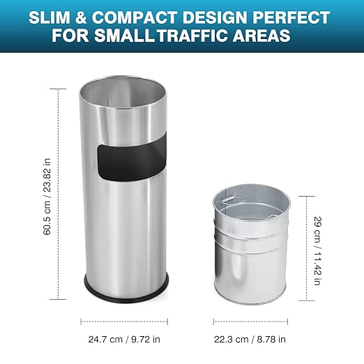 IRONWALLS Indoor Outdoor Trash Can with Lid, Silver Floor Standing Stainless Steel Garbage Bin with Removable Inner Barrel, Commercial Waste Bin Container Trash Receptacle, Patio Garbage Can
