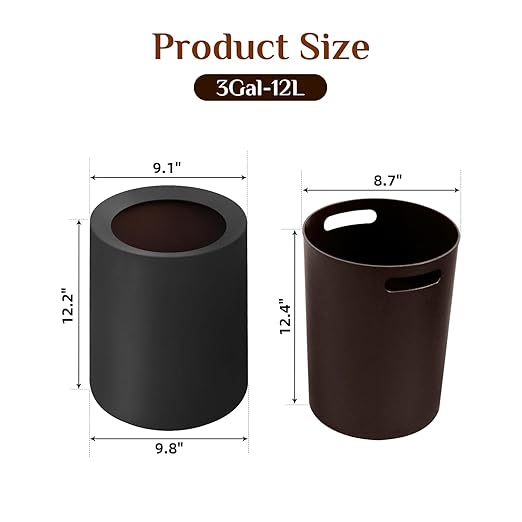 2 Pack Round Modern Trash Can Bedroom, 3Gal/12L Bathroom Trash Can Hidden Bag, Open Top Trash Bin Round Plastic, Minimalist Black Garbage Can with Inner Bucket (with 2 Handles) for Kitchen Office