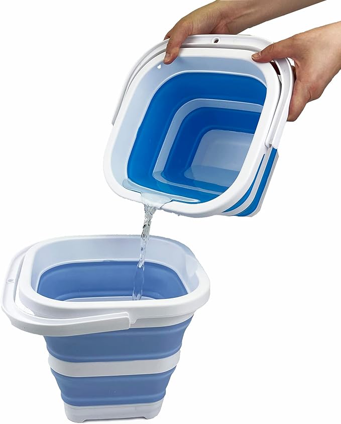 SAMMART Collapsible Rectangular Cleaning Bucket 5L (1.3 Gallon)- Foldable Camping Beach Sand Water Pot Pail- Portable Space Saving Tub for Household, Outdoor Car Washing (White/Baby Blue)