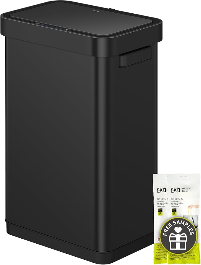 EKO Deluxe Mirage-T 50 Liter / 13.2 Gallon Touchless Rectangular Motion Sensor Trash Can, Matte Black Stainless Steel Finish
