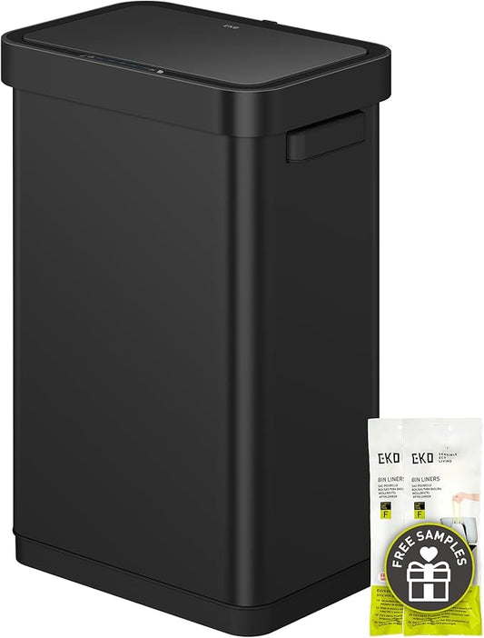 EKO Deluxe Mirage-T 50 Liter / 13.2 Gallon Touchless Rectangular Motion Sensor Trash Can, Matte Black Stainless Steel Finish