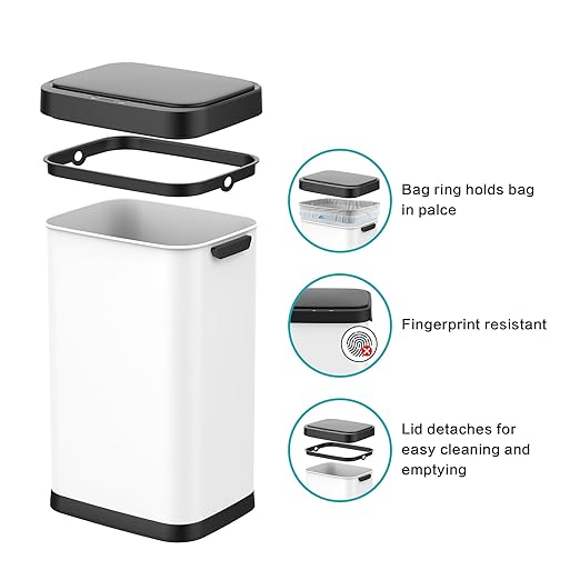 13 Gallon Stainless Steel Touchless Sensor Trash Can with, Wide Rectangular Design, Brushed Finish – Automatic Lid for Home, Office, Kitchen, Bathroom, and Commercial Use (White)