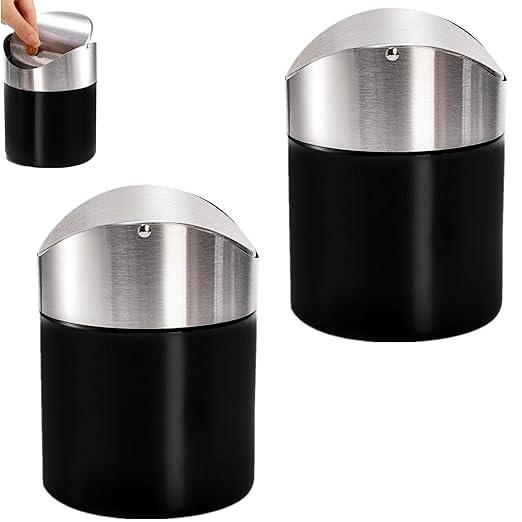 2 Pack Mini Trash Can for Desk, Swing Lid Brushed Stainless Steel Countertop Garbage Bin, Modern Tiny Waste Basket for Vanity, Makeup Tabletop, Office Desk, Coffee Table
