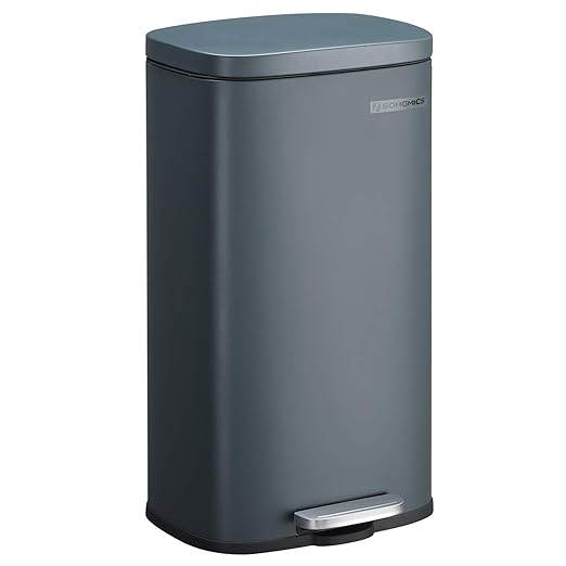 SONGMICS Trash Can with Lid, 8 Gallon Garbage Can, Stainless Steel Small Waste Bin with Step Pedal and Inner Bucket, Soft Close, Kitchen, Greenish Gray ULTB102G01