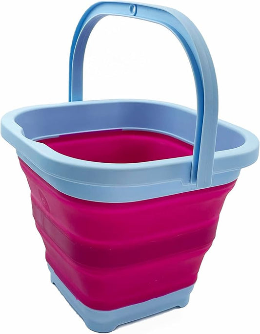 SAMMART Collapsible Rectangular Cleaning Bucket 5L (1.3 Gallon)- Foldable Camping Beach Sand Water Pot Pail- Portable Space Saving Tub for Household, Outdoor Car Washing (Cool Blue/Flamingo)