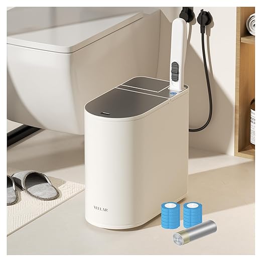 Small Bathroom Trash Can - Motion Sensor 2 Gallon / 7L Garbage Bin with Lid, Automatic Touchless Bathroom Decor with Toilet Brush (White)