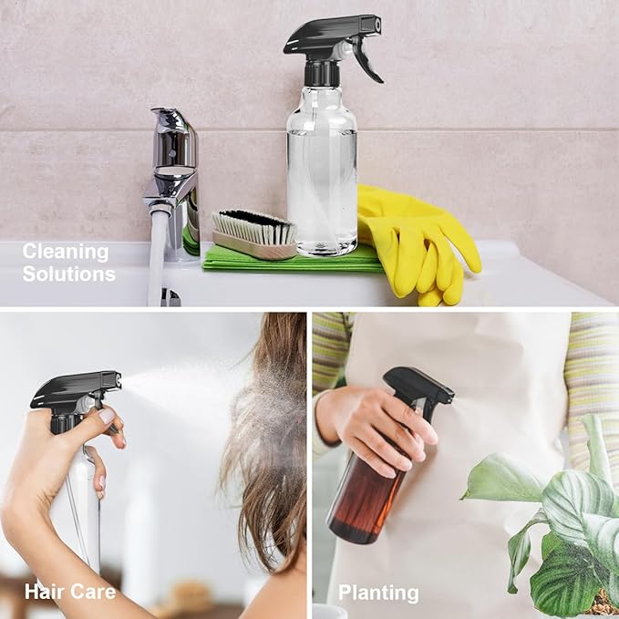 Spray Bottles 2-Pack, 10 Oz, Mist & Stream, Heavy Duty Spraying Empty Water Sprayer Bottle, BPA Free Plastic Refillable Containers for Cleaning Solutions, Plants, Hair, Essential Oils (Clear & Amber)