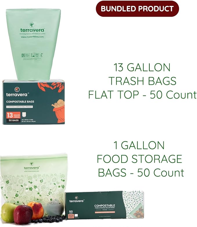Compostable Trash Bags Flat Top | BPI & OK Home Certified ASTM D6400 Standards | Heavy Duty Kitchen & Yard Waste Bags (13 Gallon Flat Top (50 Count) with Gallon Freezer Bags (50 Count))
