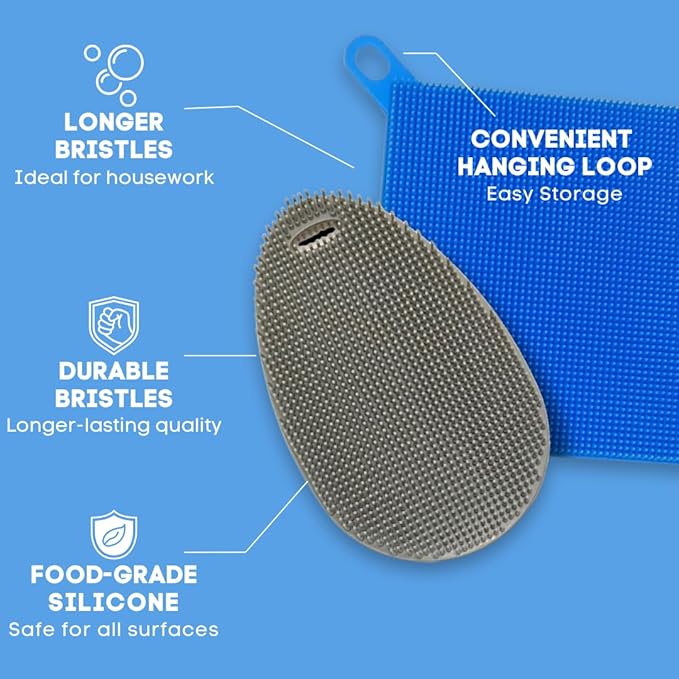 Silicone Dish Sponge Dish Scrubber (Oval and Square) - Dual-Sided, Food Grade Silicone Sponges for Dishes and Housecleaning 2-Pack