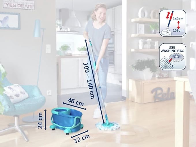 Leifheit Clean Twist Spin Mop and Bucket Set with Rollers | Telescopic Handle, 360° Joint, Spin-Dry System | Easy Glide Wheels | Blue