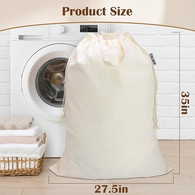 Canvas Laundry Bag with Handles & Drawstring Closure 27.5”x35", Thick Cotton Laundry Bag Heavy Duty Washable Dirty Clothes Travel Sack for Camp, College Dorm, Laundromat (Beige L, 2 Pack)