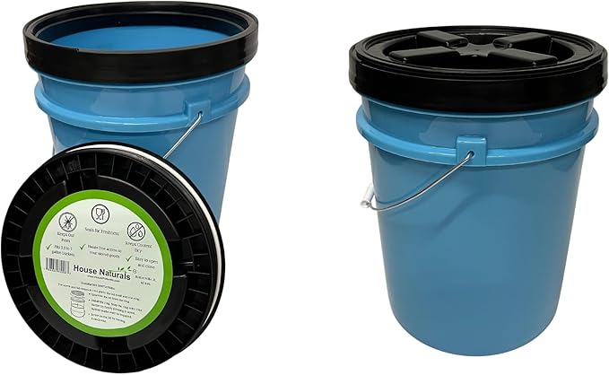 House Naturals 5 Gallon Food Grade BPA Free Bucket Light Blue Pail with Black Double Gasket Screw on Lid (Pack of 2)