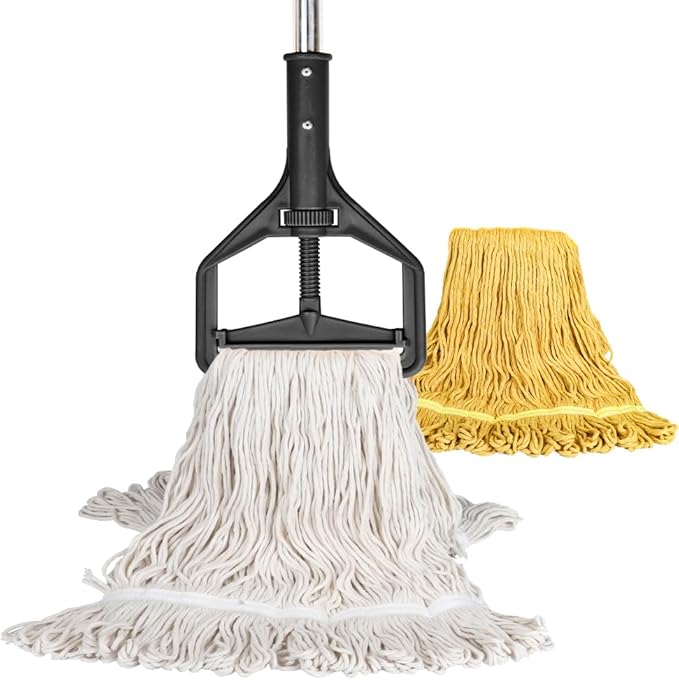Wet String Mop for Floor Cleaning, Heavy Duty Mop with 2 Reusable Heads, Long Handle Industrial Cotton Mop for Restaurant Home Garage Office Patio Warehouse (Black)