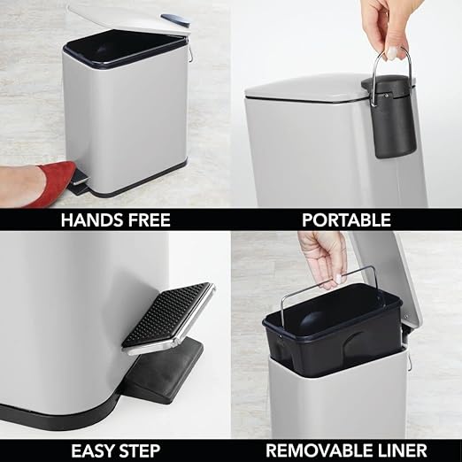 mDesign Slim Metal Rectangle 1.3 Gallon/5 Liter Trash Can with Step Pedal, Easy-Close Lid, Removable Liner - Narrow Wastebasket Garbage Container Bin for Bathroom, Bedroom, Kitchen - Matte Gray
