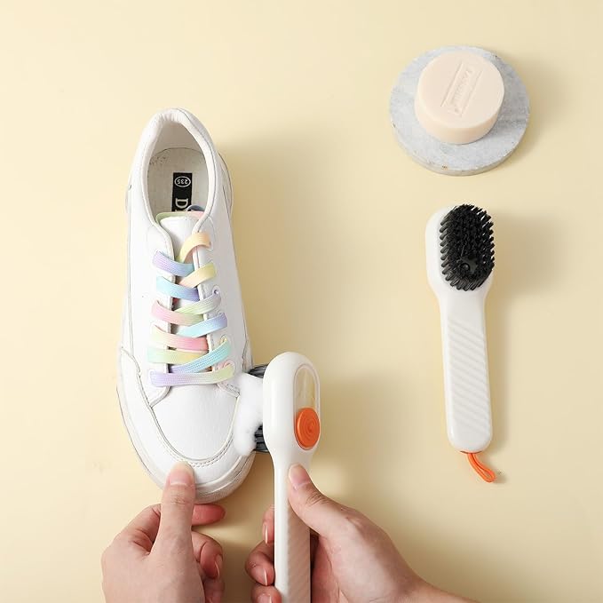 2 Pcs 2 in 1 Multifunction Cleaning Brush Shoe Laundry Brush Liquid Box Soap Dispenser Scrub Brushes for Cleaning Liquid Adding Soft Brushes Hooks for Washing Clothes Household Bathroom Kitchen