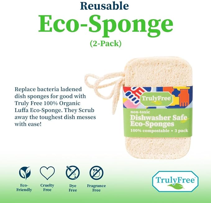 Truly Free Natural Cleaning Sponges, 100% Organic Luffa Dish Scrubber, Plant-Based Compostable Kitchen Dishwasher Sponge, Cleans Sink, Grout & Tile, Non Scratch Scouring Pad - 4.4 x 2.8 in, Pack of 3