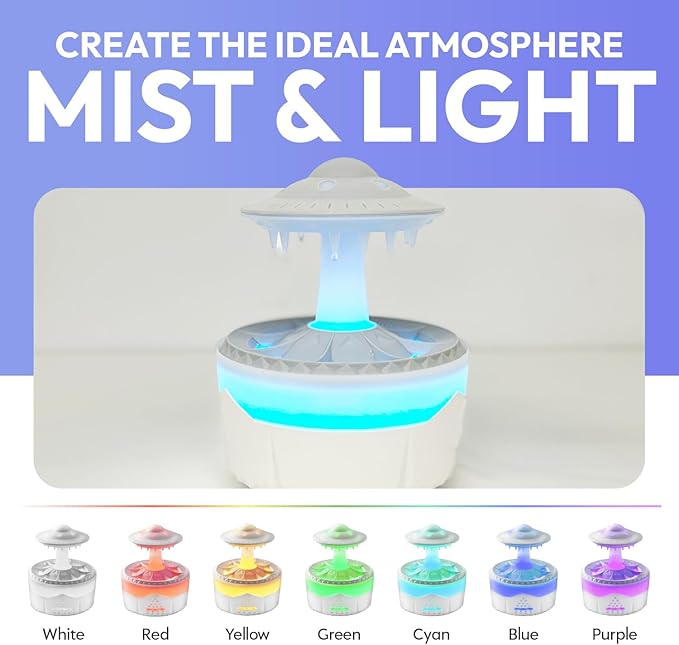 UFO Raindrop Humidifier Oil Diffuser - White - House Scent Essential Oil Desk Humidifier for Aromatherapy - Mushroom Desk Lamp Diffuser With Orange Aroma Oil Included