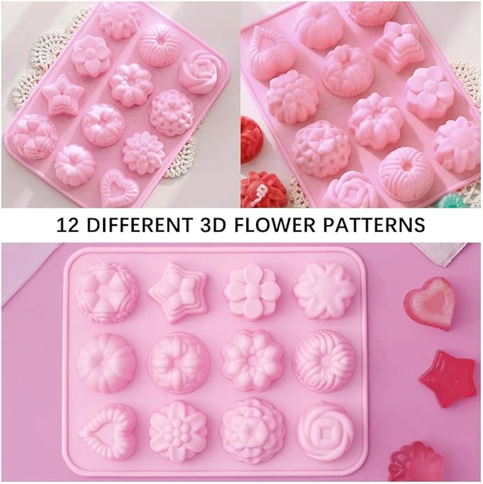 5 Pcs Silicone 3D Flower Shape Chocolate Candy Molds Set, 12 Cavity Non-Stick Food Grade Baking Molds, Ice Cube Trays for Wedding, Festival, Parties