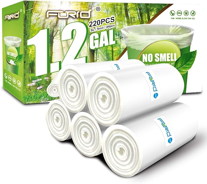 FORID 1.2 Gallon Garbage Bags, 220 Count, Small, Clear –Wastebasket Bin Liners for Bathroom, Bedroom, Office, Garbage Can - Durable & Thick Trash Bag