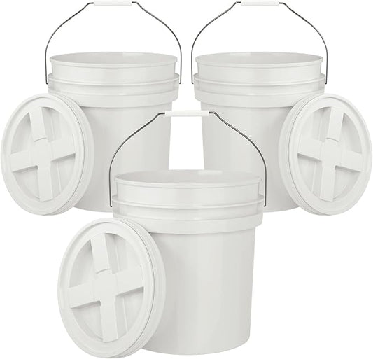 5-Gallon White Bucket Pail with Gamma Seal Screw on Airtight Lid, Heavy-Duty 90MIL Extra Durable, Food Grade, Metal Handles with Plastic Grip for Easy Carrying, Easy Stack & Store, BPA Free - 3 Pack