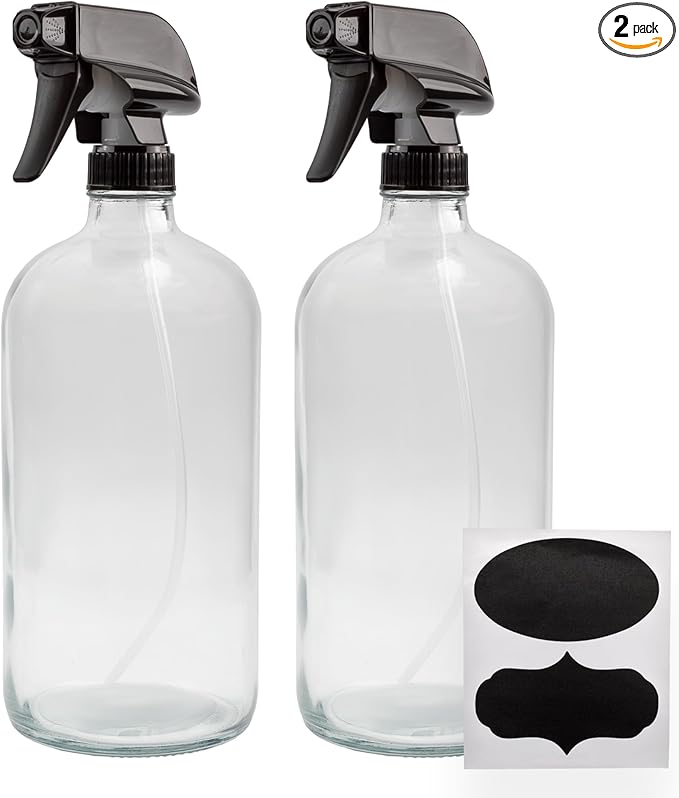 Cornucopia 32oz Glass Spray Bottles (2-Pack, Clear); Quart Bottles w/ 3-Setting Adjustable Trigger Sprayers; Includes Chalk Labels