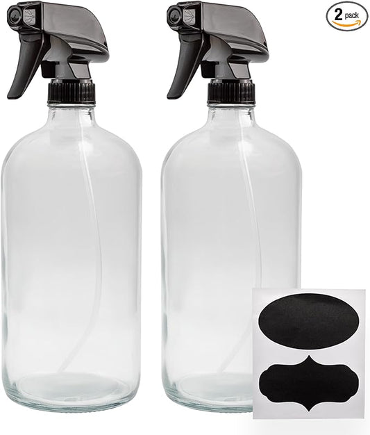 Cornucopia 32oz Glass Spray Bottles (2-Pack, Clear); Quart Bottles w/ 3-Setting Adjustable Trigger Sprayers; Includes Chalk Labels