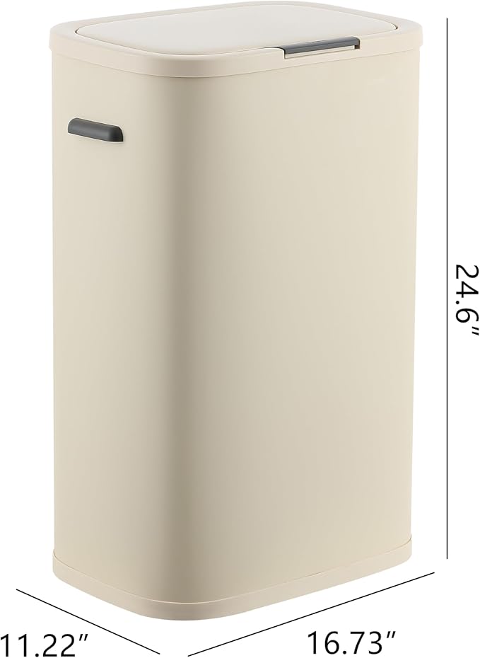 happimess HPM1017D Tammi Kitchen 14.5-Gallon Slim Metal Push Button Trash Can, Fingerprint Resistant, Modern, Minimalistic for Home, Kitchen, Laundry Room, Office, Bedroom, Bathroom, Limestone Beige